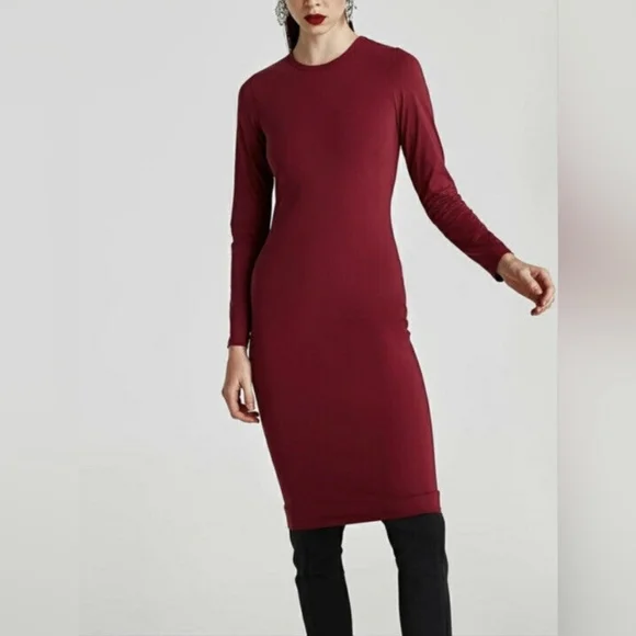 zara burgundy midi dress Zara Midi Dress Burgundy/Blue Floral Print Size Extra Small Long Sleev   Celebrity Owned